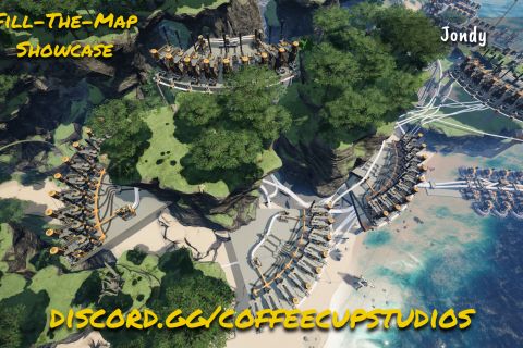 Image from the game Satisfactory, featuring an exterior shot of a coastal factory with severl banks of refineries clustered about the cliffs and a dual bank of water extractors running out into the water from the beach to the right of the image.