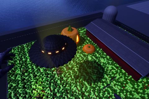 Image from the game Satisfactory featuring a display depicting an alien creature (commonly referred to as the Bean) being abducted by a saucer spaceship from a farmer's field, viewed from above the spaceship.