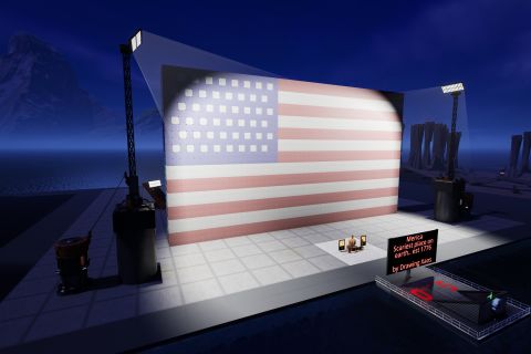 Image from the game Satisfactory featuring a giant depiction of the flag of the United States of America with the winner of a pumpkin contest in front of the flag.