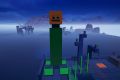 Image from the game Satisfactory featuring a scene depicting several relatively giant sculptures of creatures from the game Minecraft. This shot features a Creeper with a pumpkin mask on.