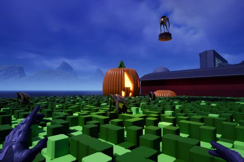 Image from the game Satisfactory featuring a display depicting an alien creature (commonly referred to as the Bean) being abducted by a saucer spaceship from a farmer's field, viewed from the ground with the spaceship out-of-shot and several other beans running away.