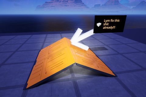 Image from the game Satisfactory featuring an arrow pointing at the seam of two roof pieces from the game where the parts are perfectly aligned but issues with the texture mapping create a lack of symmetry.