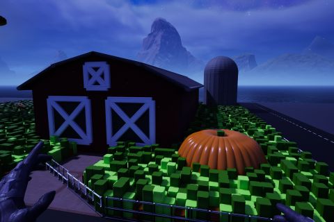 Image from the game Satisfactory featuring a close-up view of a sculpture depicting a farmer's barn with a giant pumpkin growing out of the ground beside it to the right, with an alien creature (commonly referred to as the Bean) being abducted by a saucer spaceship off to the left.