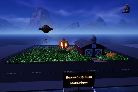 Image from the game Satisfactory featuring a display depicting an alien creature (commonly referred to as the Bean) being abducted by a saucer spaceship from a farmer's field. The field features a giant jack-o-lantern & a red barn.