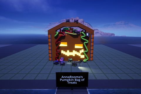 Image from the game Satisfactory featuring a depiction of a giant bag of candy, using pipes and a variety of the game's vehicles as scale props of candy bars. The giant bag of candy has the appearance of a jack o' lantern with glowing eyes and mouth.