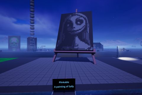 Image from the game Satisfactory featuring a depiction of a pixel-art style painting resting on a giant easel. The pixel art painting depicts the character of Sally from the film "A Nightmare Before Christmas"