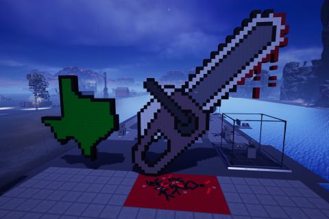 Image from the game Satisfactory featuring pixel art depictions of both the outline of the state of Texas, and a bloodied chainsaw, in reference to the horror movie "The Texas Chain Saw Massacre". At the bottom-of-frame is a collection of murder victims depicted using the game's build tools.