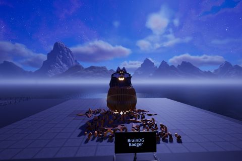 Image from the game Satisfactory featuring a racoon messily eating a pumpkin.