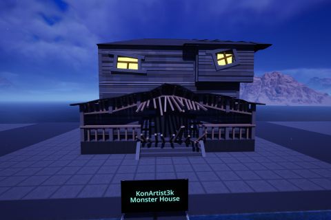 Image from the game Satisfactory featuring a monstrously distorted house, with the porch roof & beams forming an open mouth, and glowing crooked windows for eyes.