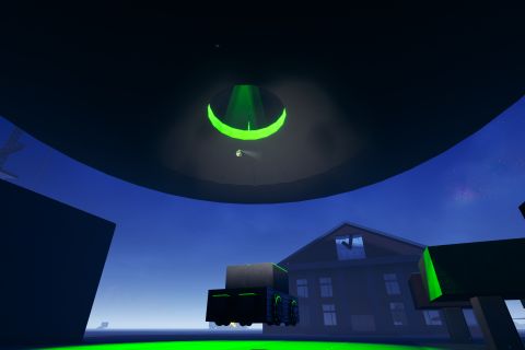 Image from the game Satisfactory featuring a scene depicting a variety of different movie references in one cityscape. This shot focuses on one of the game's Pioneers being abducted from their car by a saucer-shaped spaceship with green glowing light pulling them into a circular opening in the bottom of the spaceship. In the rear of frame a depiction of the court house from Back to the Future is visible.