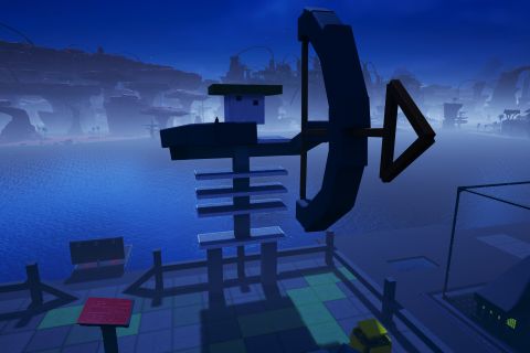 Image from the game Satisfactory featuring a scene depicting several relatively giant sculptures of creatures from the game Minecraft. This shot features a bow-wielding skeleton.