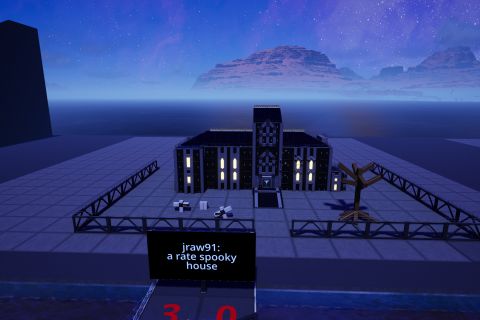 Image from the game Satisfactory featuring a depicion of a two storey building with an three-storyy off-center tower above the entrance. The building is surrounded by a fence and has two headstones & a dead tree in the front yard.