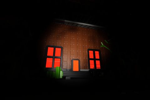Image from the game Satisfactory featuring a scene from a halloween-themed on-rails attraction, with this particular scene depicting an imposing house with orange light shining through the large windows, with some plants growing in front of the house.