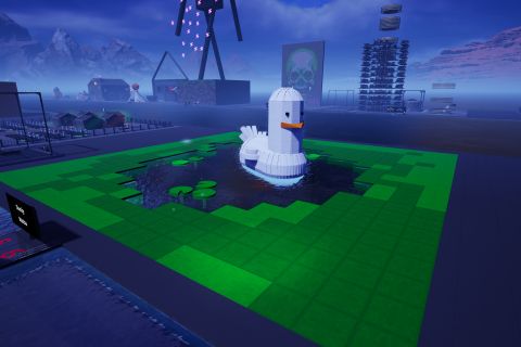 Image from the game Satisfactory featuring a depiction of a duck floating in a small pond with small lily pads also floating in the pond.