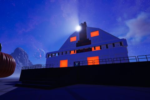 Image from the game Satisfactory featuring a depiction of the house from the Amityville series of films & a giant pumpkin just visible in left-of-frame.