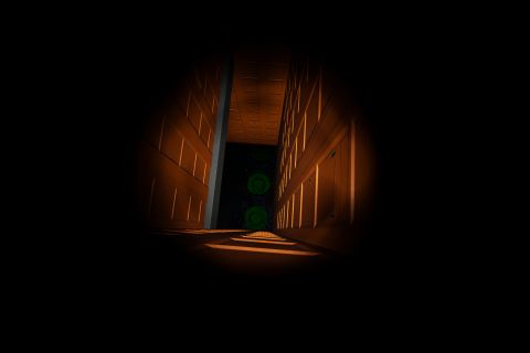 Image from the game Satisfactory featuring a scene from a haunted house attraction depicting a deep pit at the end of a corridor, with a view down the pit revealing water (with landing pads at the bottom for the visitor's safety).