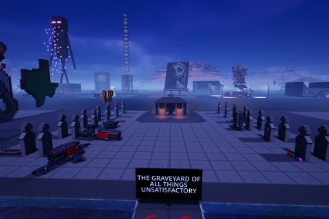Image from the game Satisfactory featuring a depiction of a cemetery with headstones representing the lifespan of a particular feature or meme within the Satisfactory community.