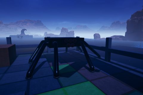 Image from the game Satisfactory featuring a scene depicting several relatively giant sculptures of creatures from the game Minecraft. This shot features a spider made from Satisfactory's foundation blocks and pipes.