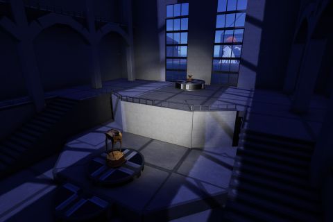 Image from the game Satisfactory featuring a depiction of the rear interior of Racoon City Police Station from the game "Resident Evil 2".