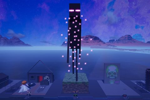 Image from the game Satisfactory featuring a giant depiction of the "Enderman" from Minecraft atop a grassy Minecraft-style dirt block.