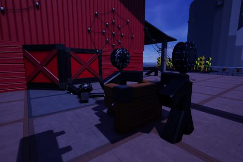 Image from the game Satisfactory featuring a scene depicting several people outside a cobweb-covered red farm building. In front of the building are two people engaged in conversation of some kind while another person appears to either be crawling out of or getting dragged into the farm building.