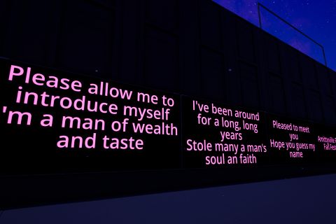 Image from the game Satisfactory featuring signs leading up to a corn maze.