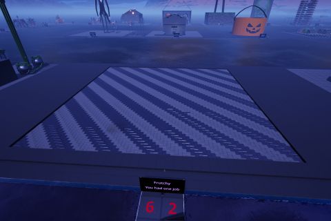 Image from the game Satisfactory featuring a large-scale herringbone-patterned floor with two bricks out-of-place in reference to the title of the piece "You had one job."