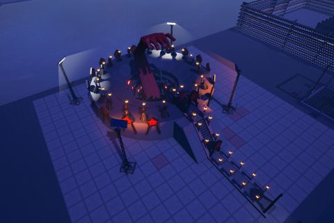 Image from the game Satisfactory featuring a scene depicting a group of people holding lanterns in a circle either summoning or sacrificing to a giant red hand & arm coming from a circular pit.