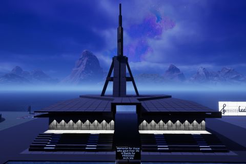 Image from the game Satisfactory featuring a memorial building with a spire and lit wall atop a series of stairs.