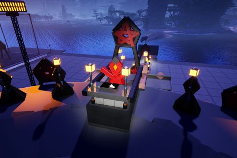 Image from the game Satisfactory featuring a scene depicting a group of people holding lanterns in a circle either summoning or sacrificing to a giant red hand & arm coming from a circular pit. This shot has the arm out-of-frame and instead focuses on the person in front of an alter preparing to sacrifice a Lizard Doggo (with a sign as a stand-in for the Lizard Doggo & a chainsaw as a stand-in for a ritual knife).