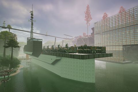 This is a bow view of a battery factory I built in the shape of an aircraft carrier.