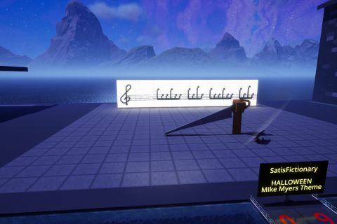 Image from the game Satisfactory featuring a scene depicting a giant knife in the foreground and the sheet music of the melody of the theme from the film "Halloween" in the background.