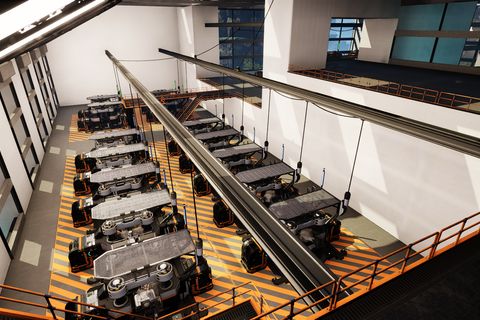 Pipe and wire section of iron processing. Stator hall and bridge access visible on the right