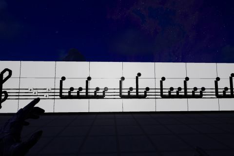 Image from the game Satisfactory featuring the sheet music of the melody of the theme from the film "Halloween".