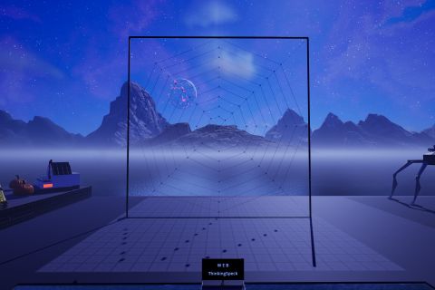 Image from the game Satisfactory featuring a depiction of a giant spider web made from the game's power cables in a square frame.