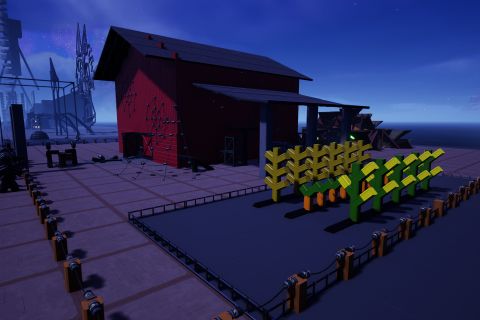 Image from the game Satisfactory featuring a scene depiction several people standing outside a cobweb-covered red farm building. To the right of the building in front-of-frame is a small cornfield. In front of the building is a crowd of people standing in front of and under the entrance to the scene. A person appears to either be crawling out of or getting dragged into the farm building. To the rear of the building a cave is visible with a green glow eminating from within.