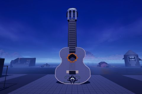 Image from the game Satisfactory featuring a depiction of Ernesto de la Cruz's guitar from the film Coco.
