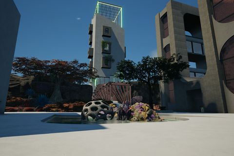 View to 'farming' building and 'motor' building [right one]