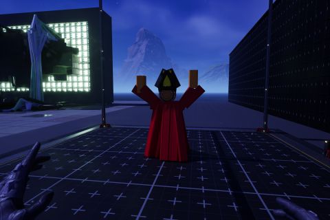 Image from the game Satisfactory featuring a figurine being constructed in the game's Blueprint Designer