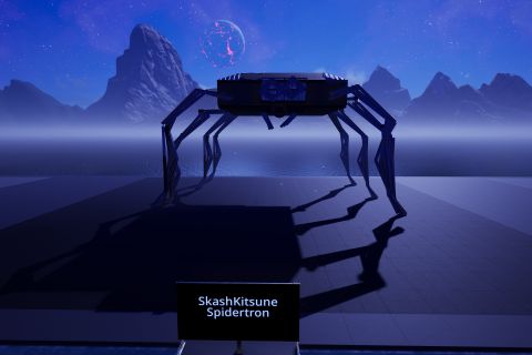 Image from the game Satisfactory featuring a depiciton of "Spidertron" from Factorio.