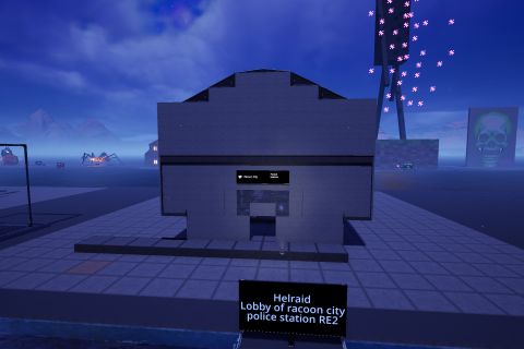 Image from the game Satisfactory featuring a depiction of the Racoon City Police Station from the game "Resident Evil 2".
