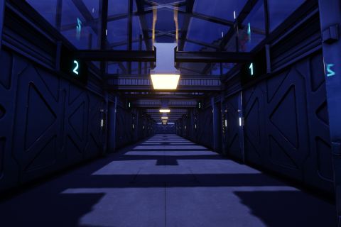 Image from the game Satisfactory featuring a depiction of the basement hallway of the glass house in the horror film "13 Ghosts".