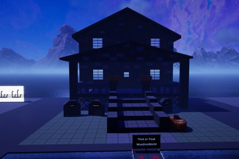 Image from the game Satisfactory featuring a house decorated for visitors trick-or-treating on Halloween.