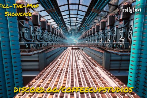 Image from the game Satisfactory, featuring an interior shot of a glass-roofed factory, with multiple conveyor belts filled with copper ingots running up the center, blue pipes running up the foreground to the ceiling into the distance, a catwalk bridge spanning  the gap over the conveyor belts, and a lane of refineries running down each side of the interior into the distance.