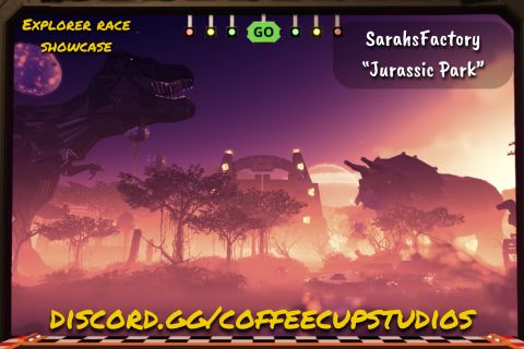 Image from the game Satisfactory, featuring the view of a portion of the user-created race track built for the Coffee Cup Studios event, featuring sculptures of a T-Rex & Tricerotops, and the iconic theme park gate from Jurrasic Park in the background.