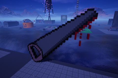 Image from the game Satisfactory featuring a depiction of a pixel art hand saw with pixel art blood dripping from the leading edge.