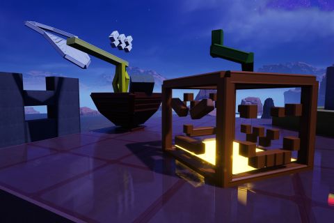 Image from the game Satisfactory featuring a scene depicting two invisible ghosts wearing bibs eating a meal at a dinner table. The scale of the scene is such that the game's Pioneer is about the size of the tines on the fork one of the ghosts is using. To the left-of-frame one of the invisible ghosts is eating noodles with chopsticks from a bowl of soup. To the front-right-of-frame is a box frame resembling a pumpkin with a glowing base. In the rear-right-of-frame is a glowing candle.