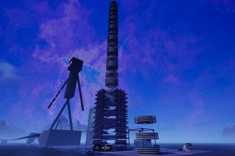 Image from the game Satisfactory featuring a display of several demonstrations of the repetitive structures one can make with the game's build tools