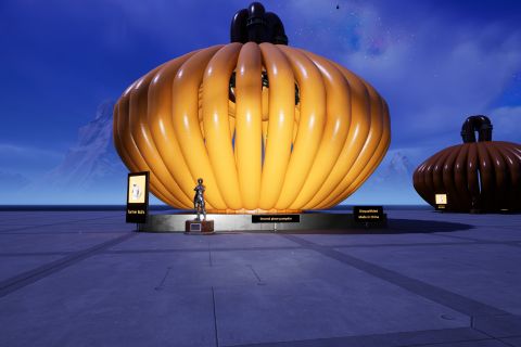 Image from the game Satisfactory featuring the second-place (disqualified) winner in a pumpkin contest, featuring a large radioactive pumpkin made out of the game's pipes.