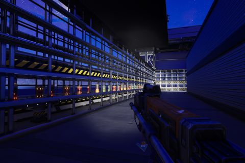 Image from the game Satisfactory featuring a scene depicting a compound from which one can defend against zombie attacks, shot focussing on the interior of the wall of explosives protecting the compound.
